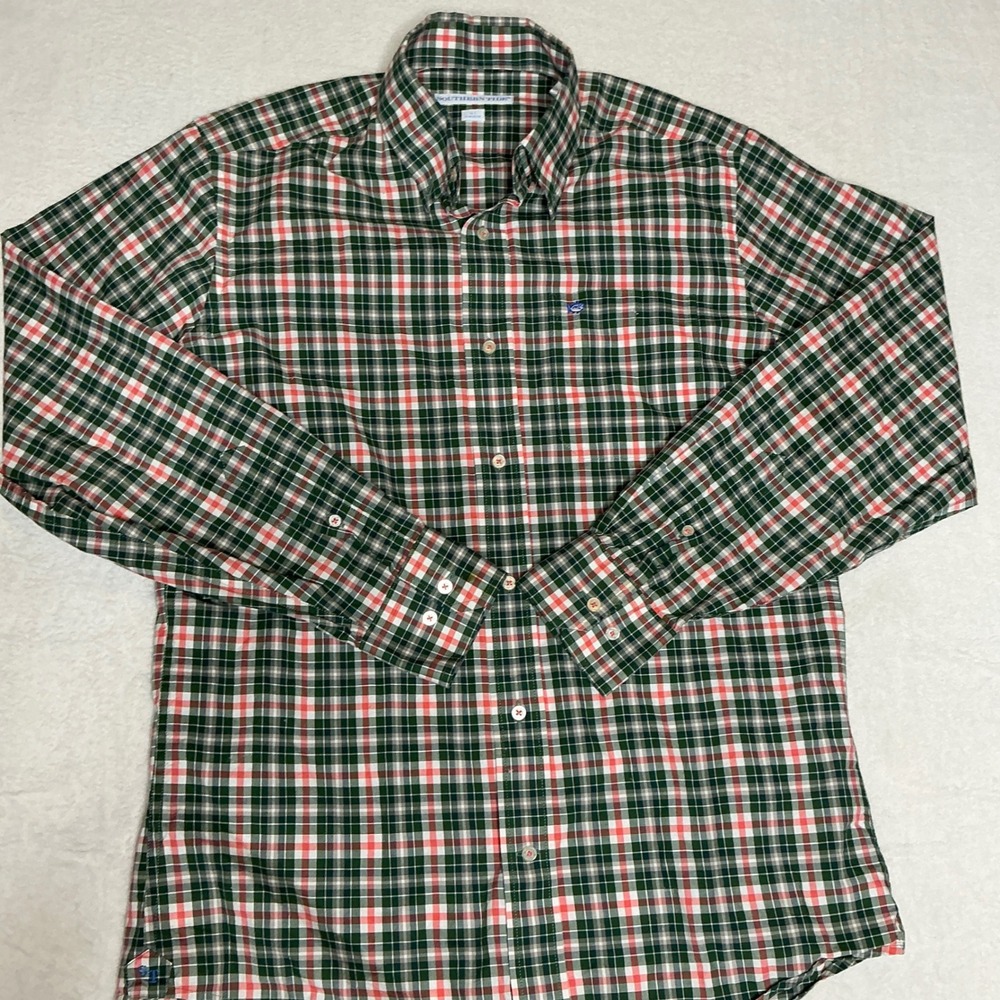 Southern Tide Classic Fit Plaid Button Down Shirt Men's Green Coral White Size S